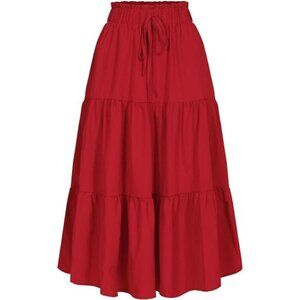 Women's High Elastic Waist Midi Skirt Red